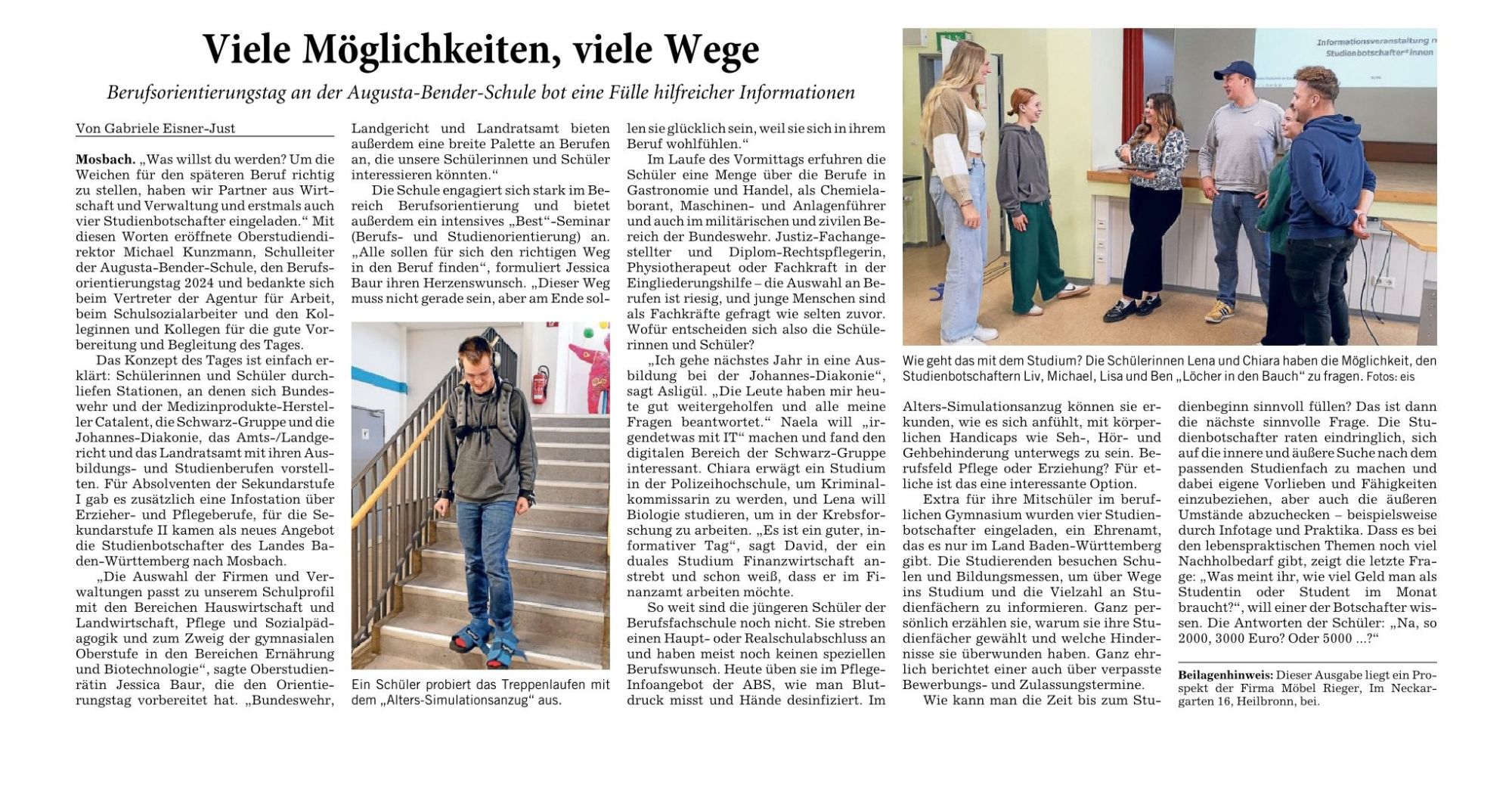 Auf dem Bild ist ein Zeitungsartikel abgebildet mit der Überschrift: Viele Möglichkeiten, viele Wege.